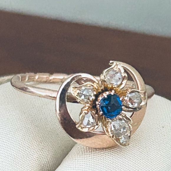 Antique 14k Natural Sapphire and Rose Cut Diamonds Ring - Picture 14 of 16